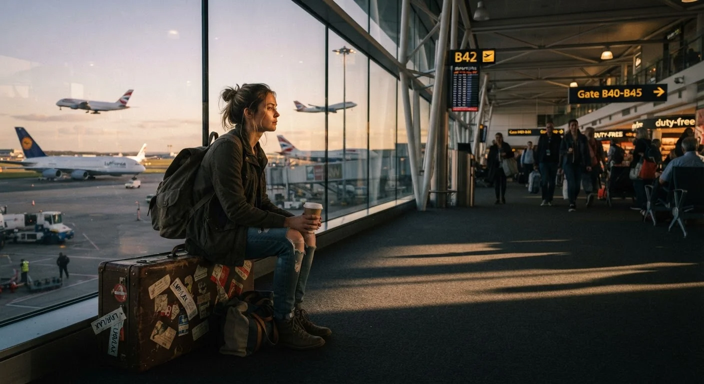 A tired traveler sitting on luggage in an airport terminal, staring out at the tarmac