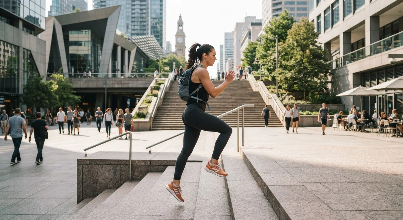 A traveler exercising on a wide outdoor staircase in a sunlit urban plaza