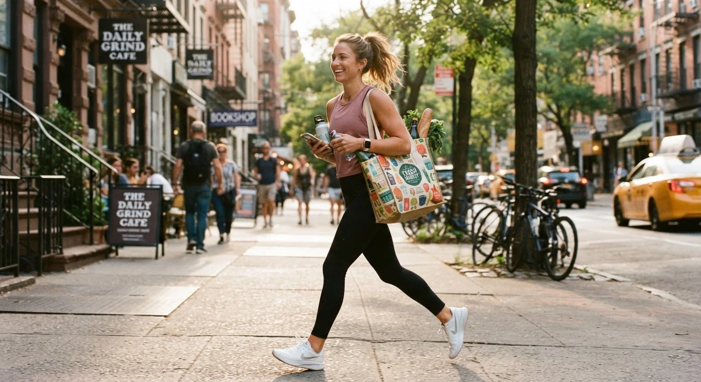 Person walking through a sunny neighborhood street carrying a grocery bag.