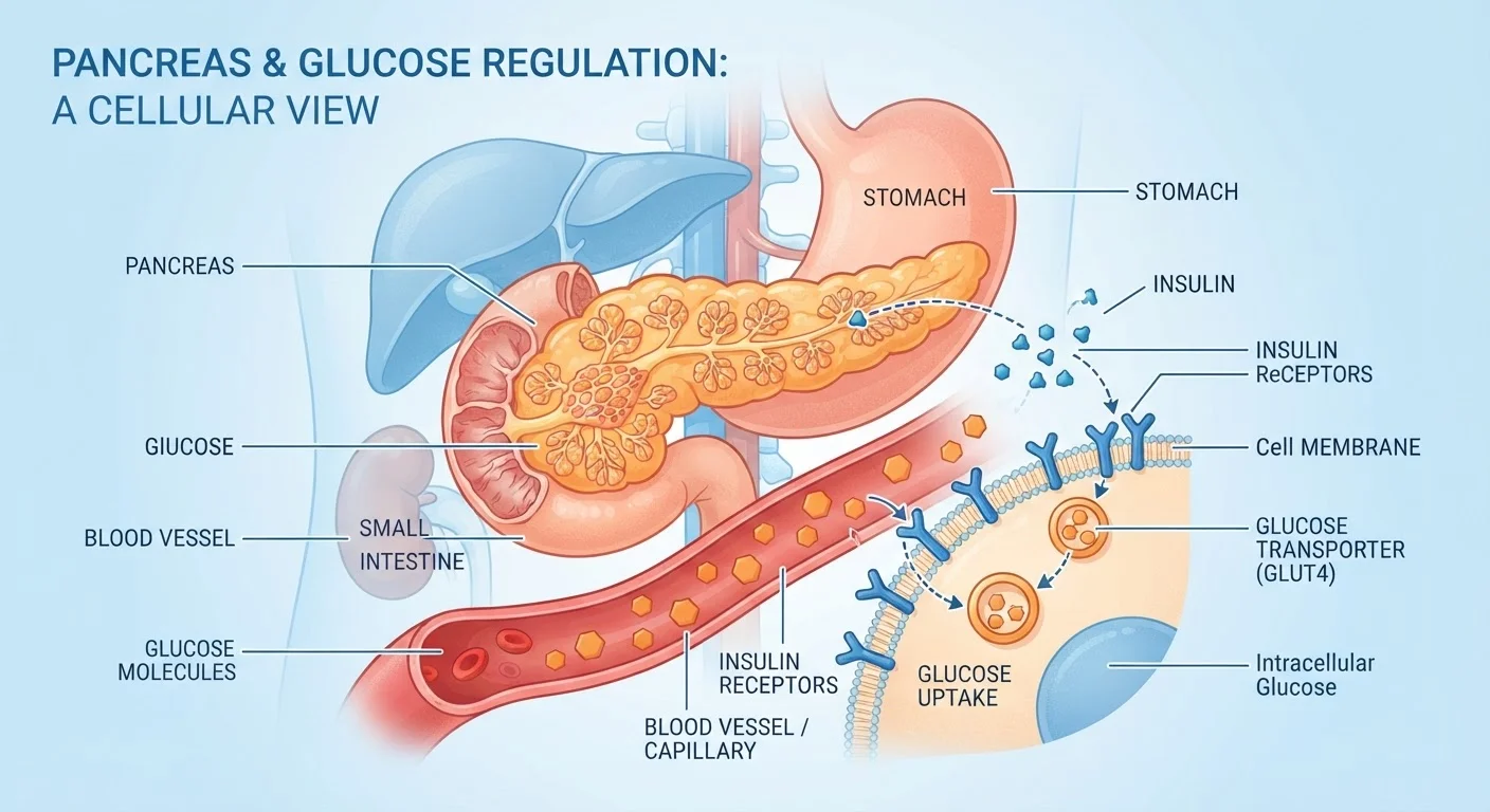 Medical illustration showing insulin resistance and glucose in the bloodstream at a cellular level