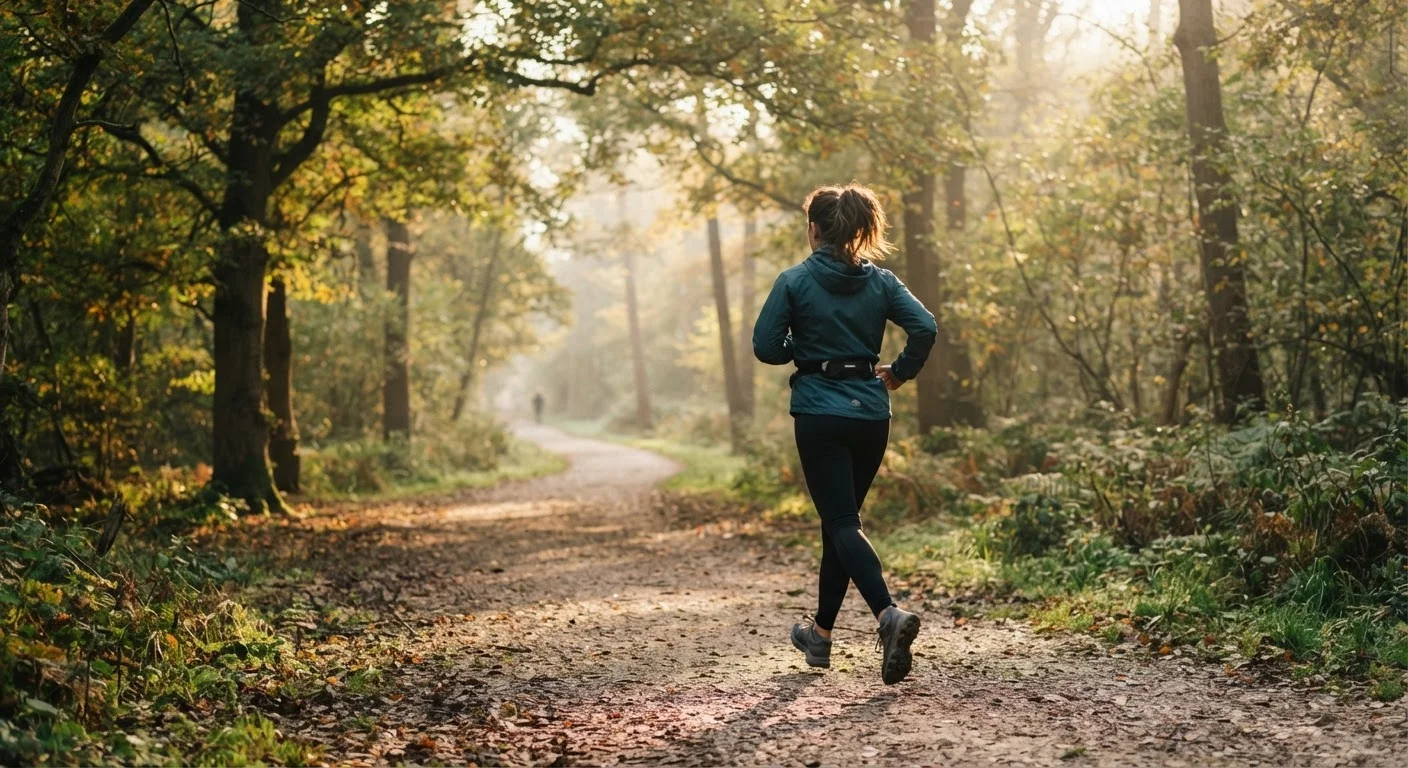Person walking along a tree-lined path in morning light wearing casual athletic clothes