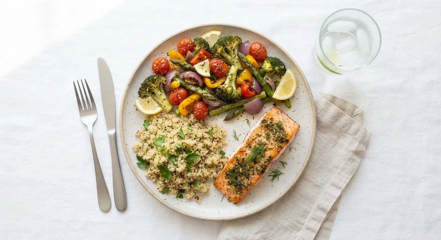 Overhead view of a balanced meal plate with vegetables, protein, and whole grains