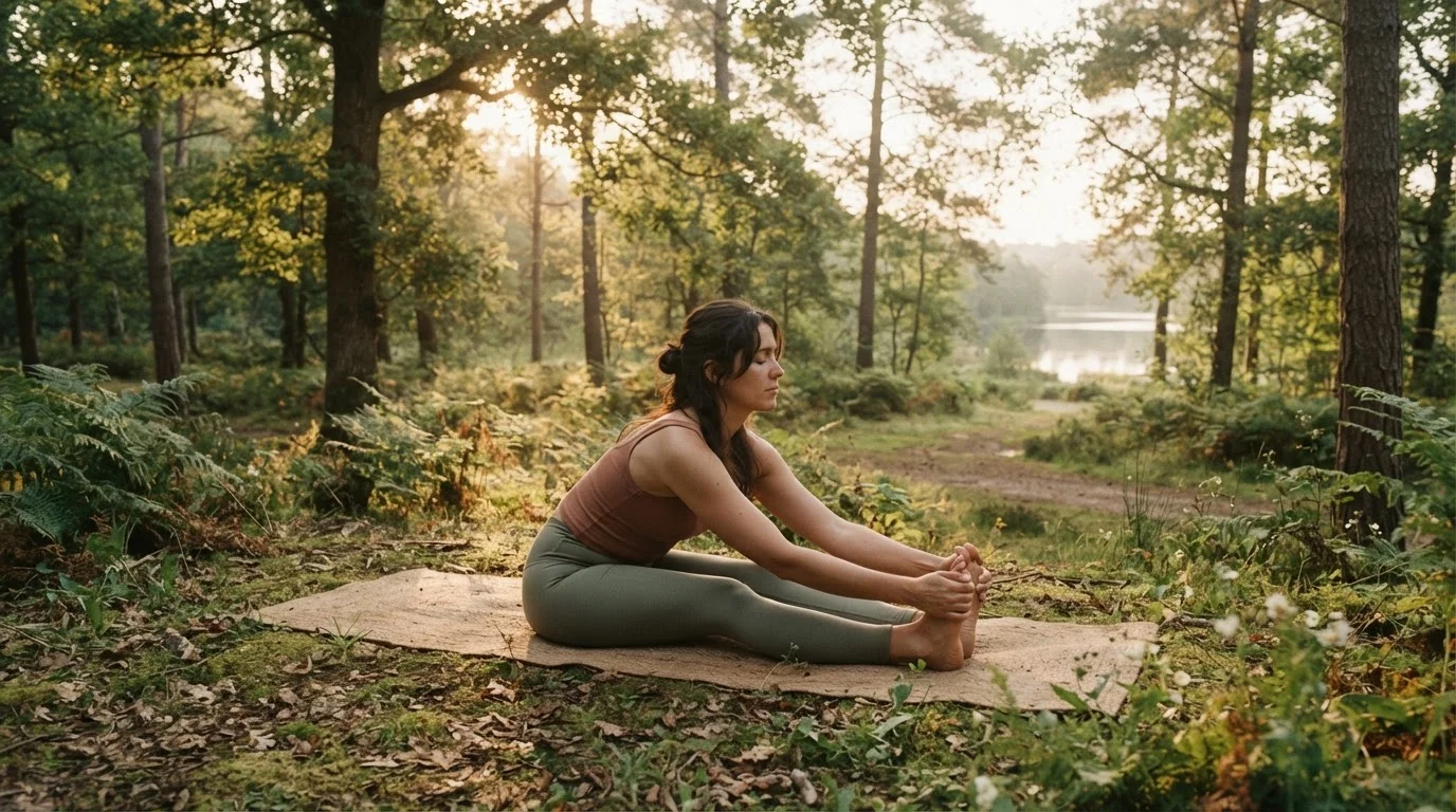 Person performing a gentle outdoor stretch in soft morning light, embodying active recovery