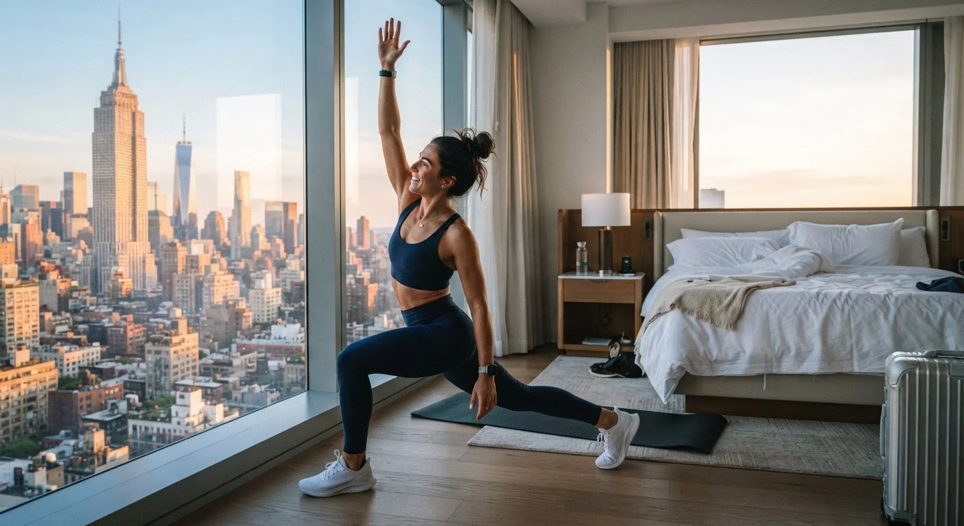 Traveler in athletic wear stretching in a bright hotel room with city skyline view