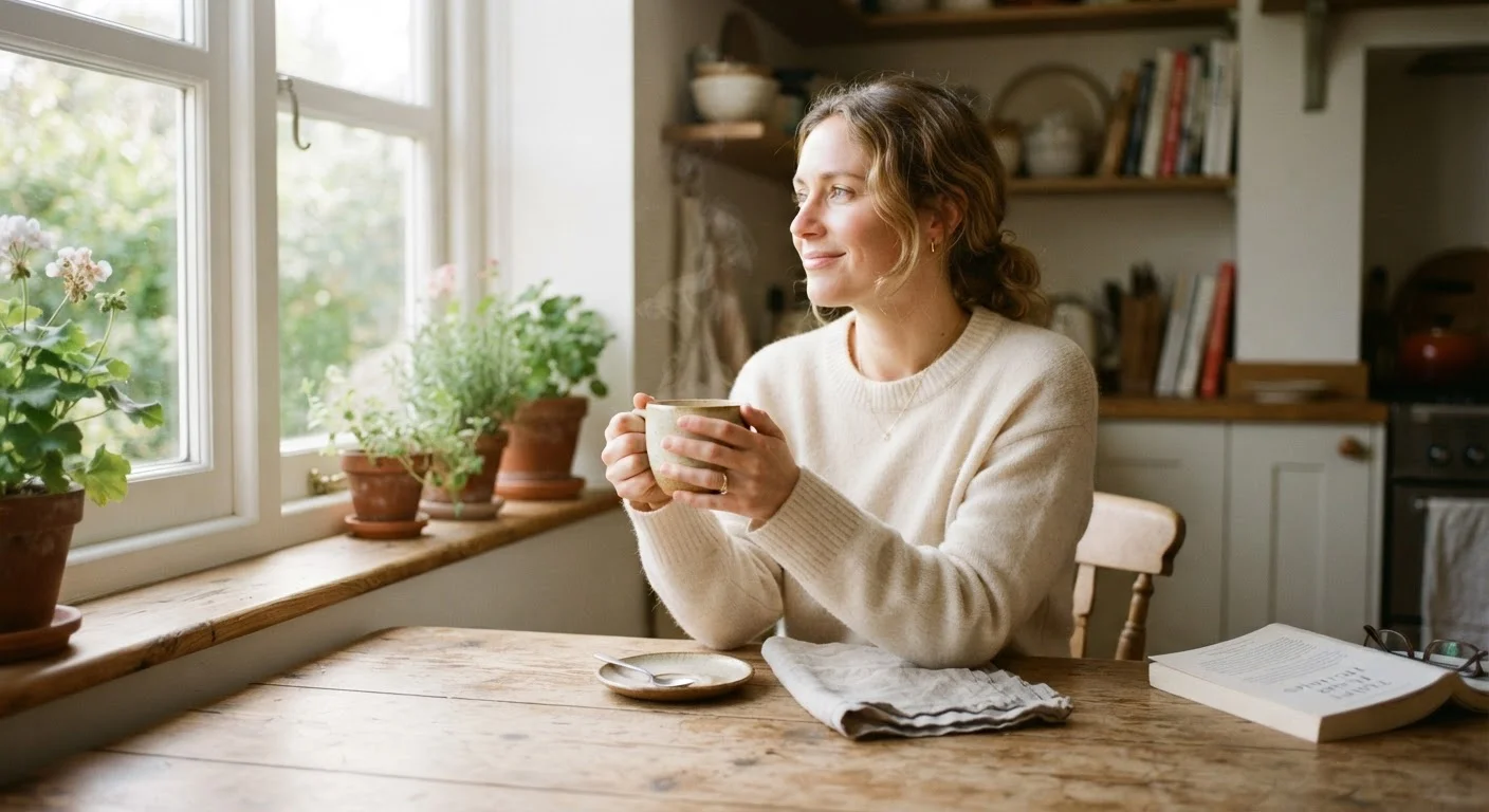 Person sitting peacefully at a sunlit kitchen table holding a warm cup of tea