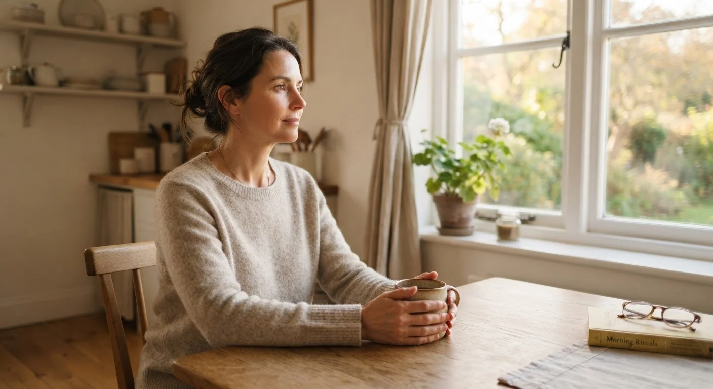 Adult sitting calmly at a sunlit table with a warm mug, practicing mindful awareness