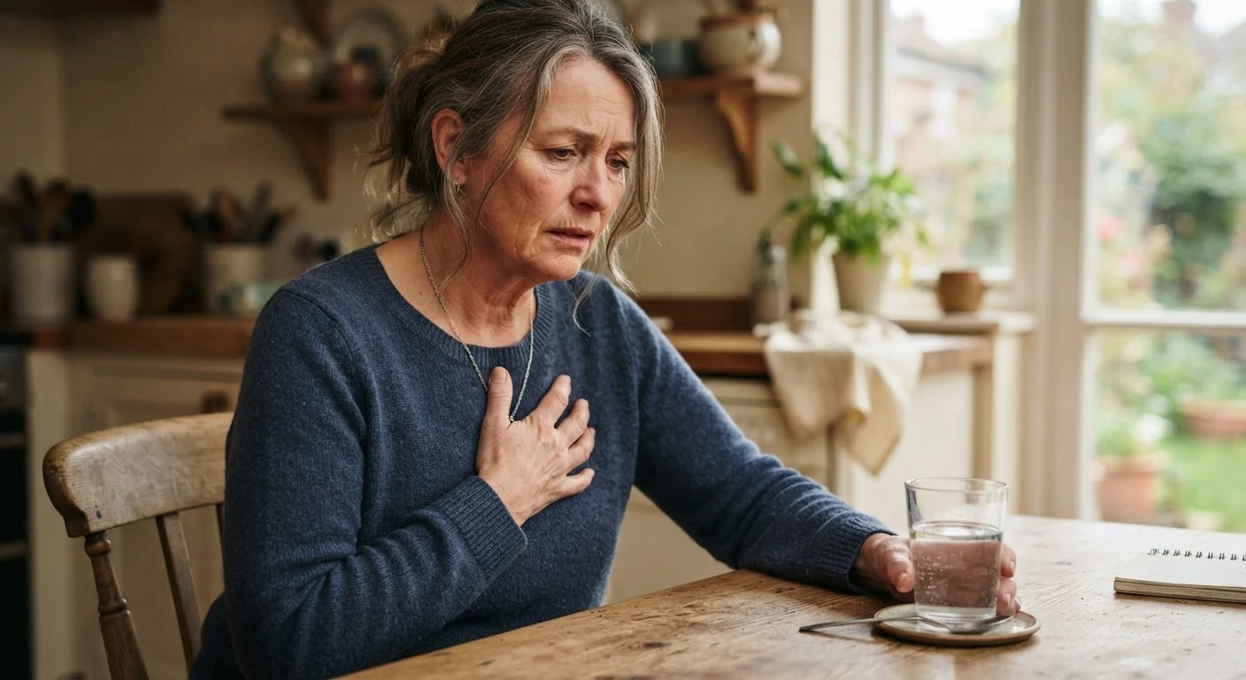 Person sitting at a kitchen table holding their chest, experiencing acid reflux discomfort