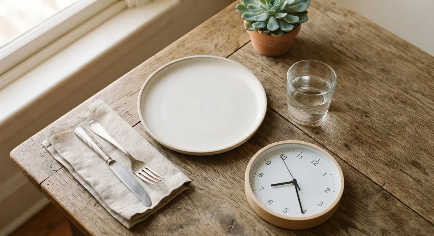 Empty plate and glass of water beside a clock on a wooden kitchen table
