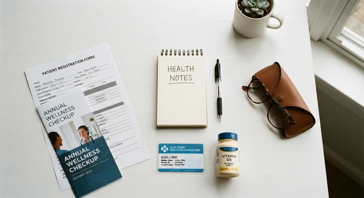 Organized health documents, insurance card, notepad, and pen arranged on a white desk