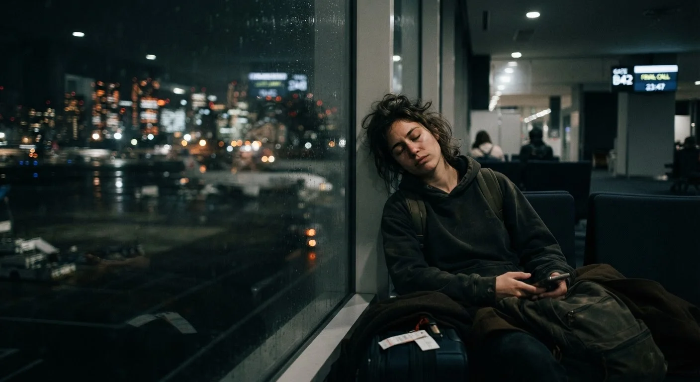 A tired traveller resting against an airport window at night with blurred city lights
