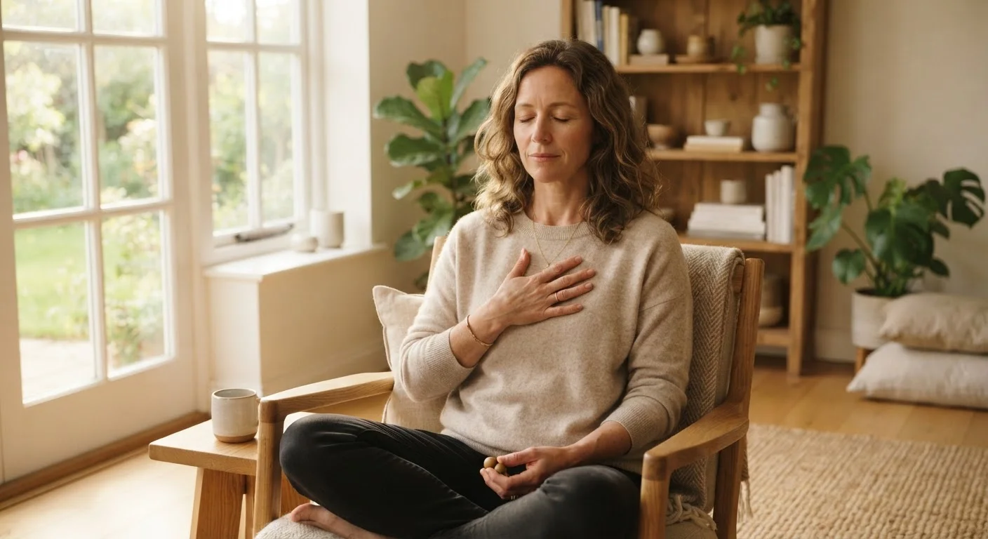Adult sitting quietly with hand on chest, practicing mindful body awareness in a sunlit room