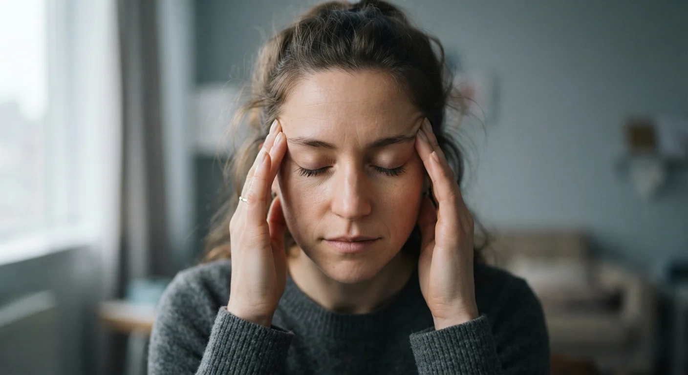 Adult pressing fingertips to temples, eyes closed, suggesting a headache