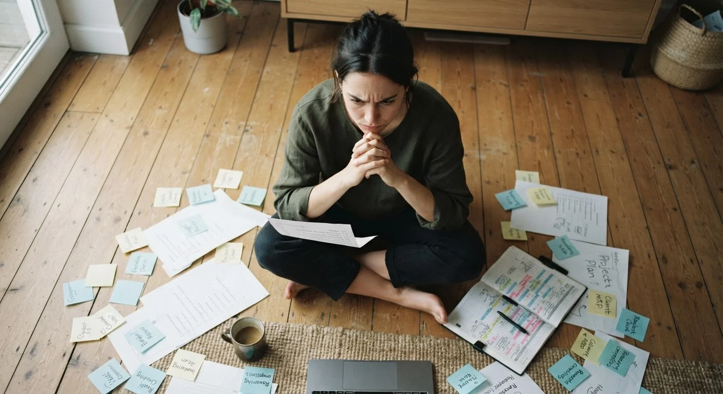 Person sitting in meditation pose surrounded by to-do lists, looking stressed rather than calm