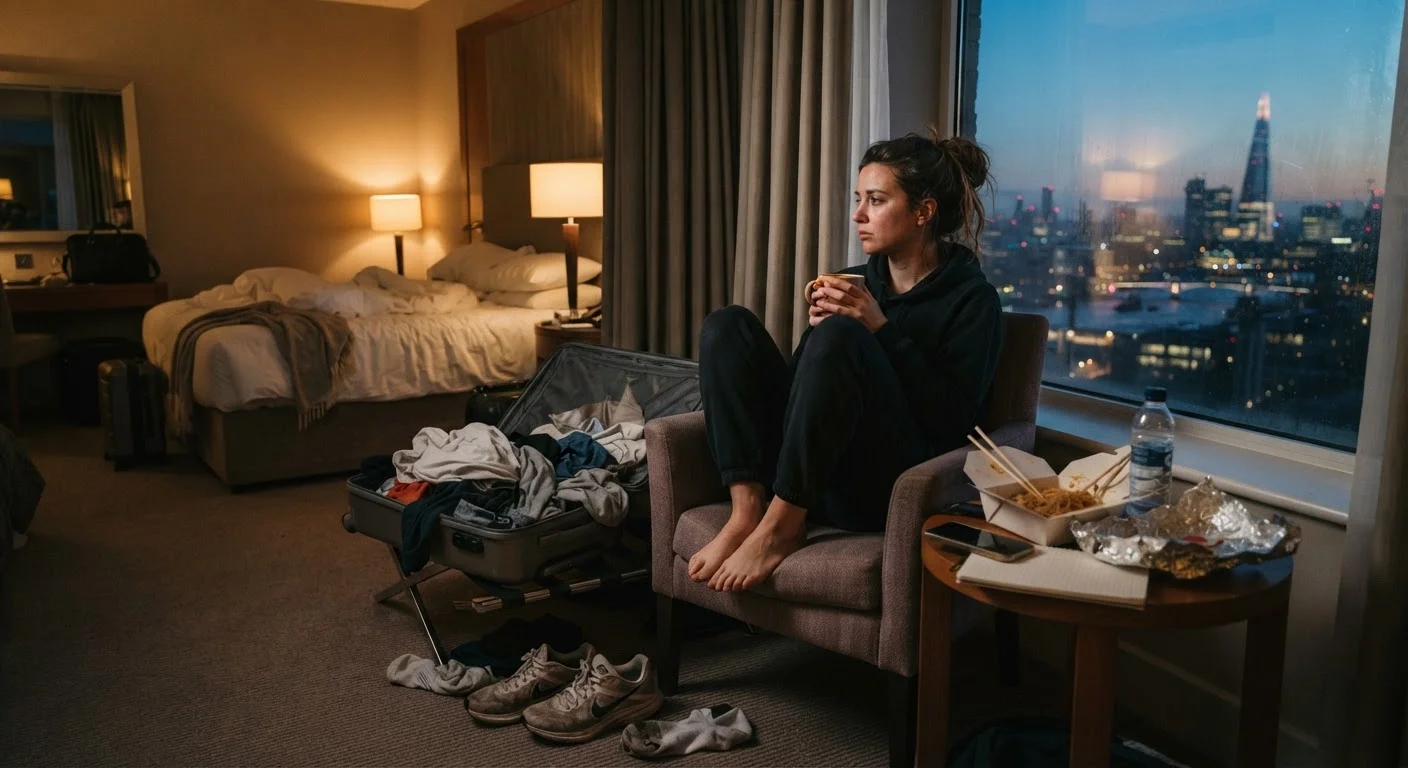 Traveler sitting in a hotel room at dusk surrounded by luggage and wellness items