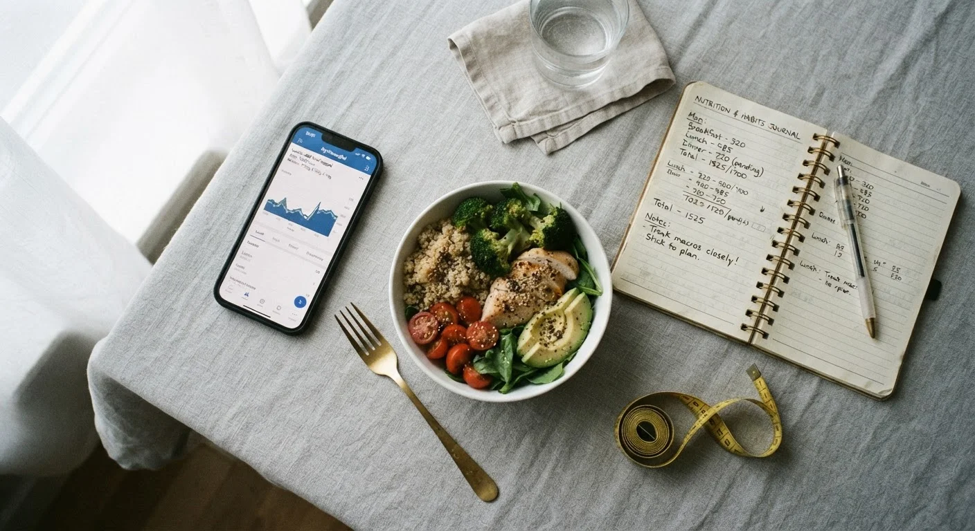 Smartphone food tracking app beside a plated meal, notebook, and measuring tape on a table