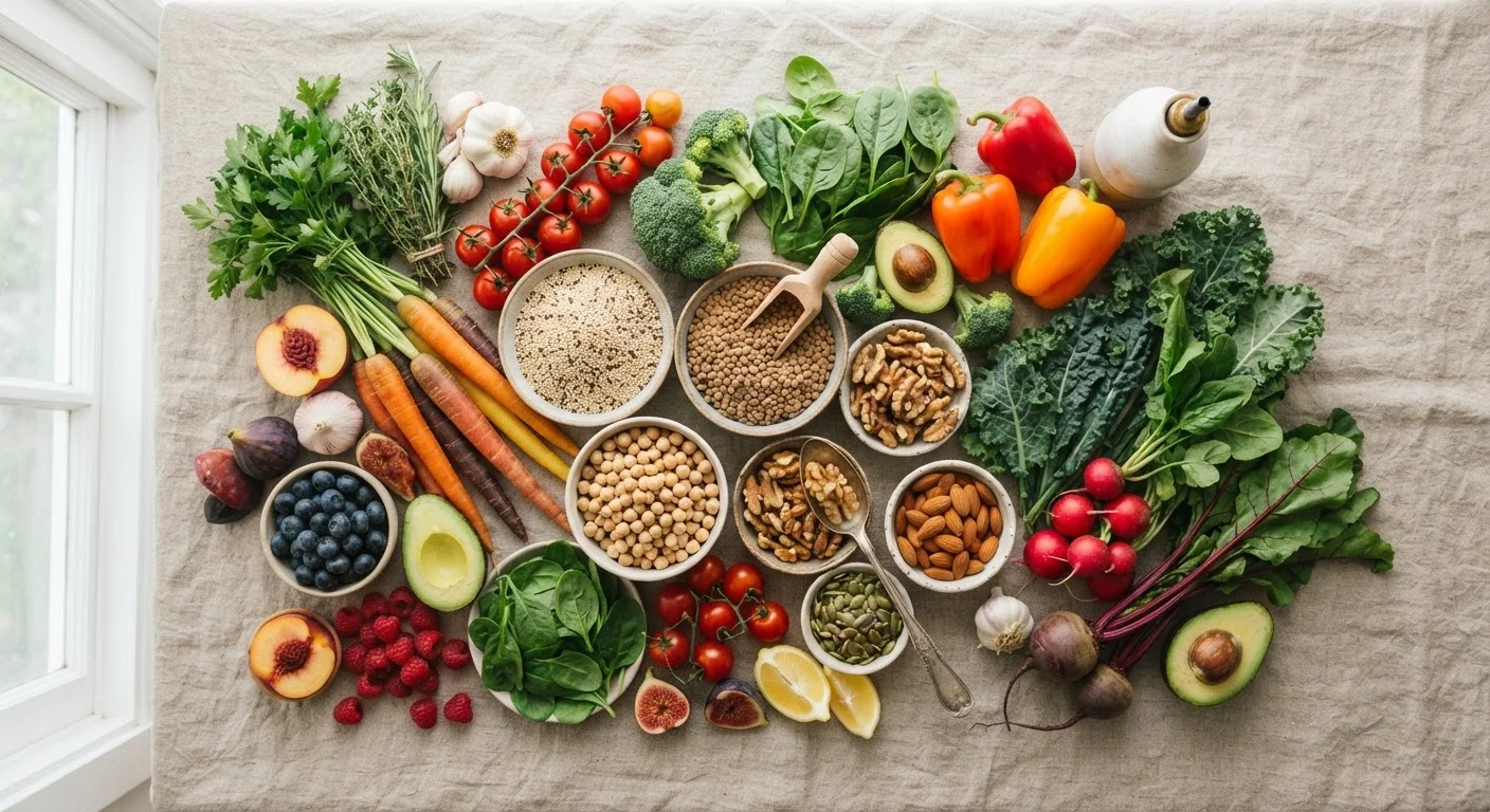 Colorful assortment of whole foods including vegetables, legumes, grains, nuts, and fruit arranged flat-lay