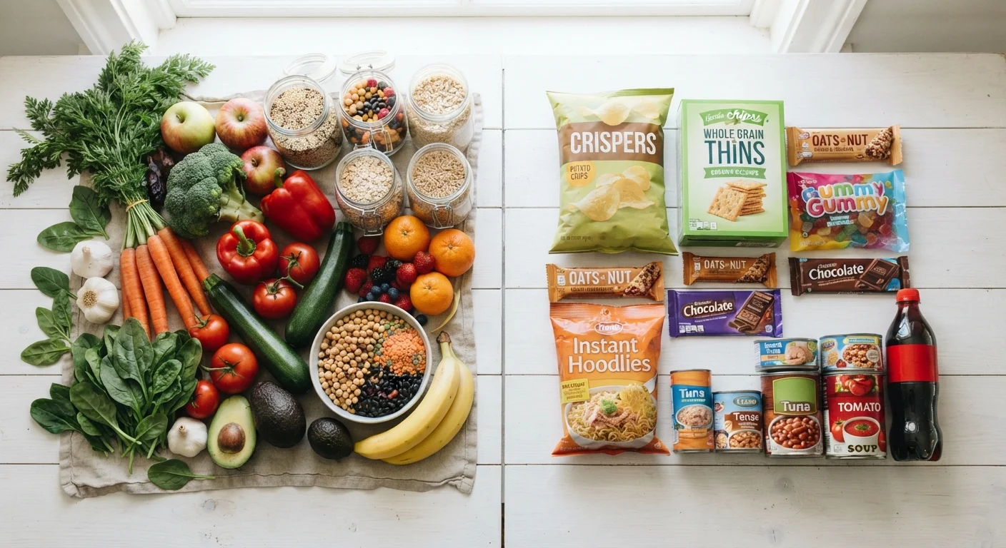 Split image contrasting fresh whole foods with packaged and processed food products on a white surface.