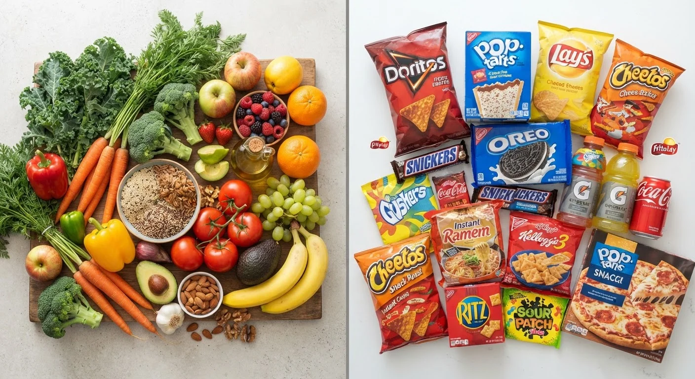 Split image comparing fresh whole foods and colorful packaged processed foods side by side