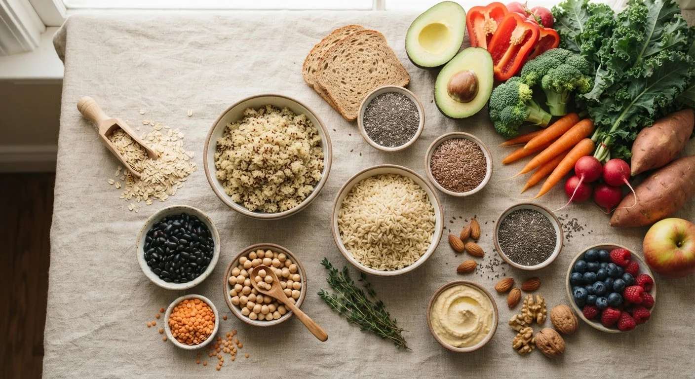 Overhead flat lay of high-fibre whole foods including legumes, oats, and vegetables on linen