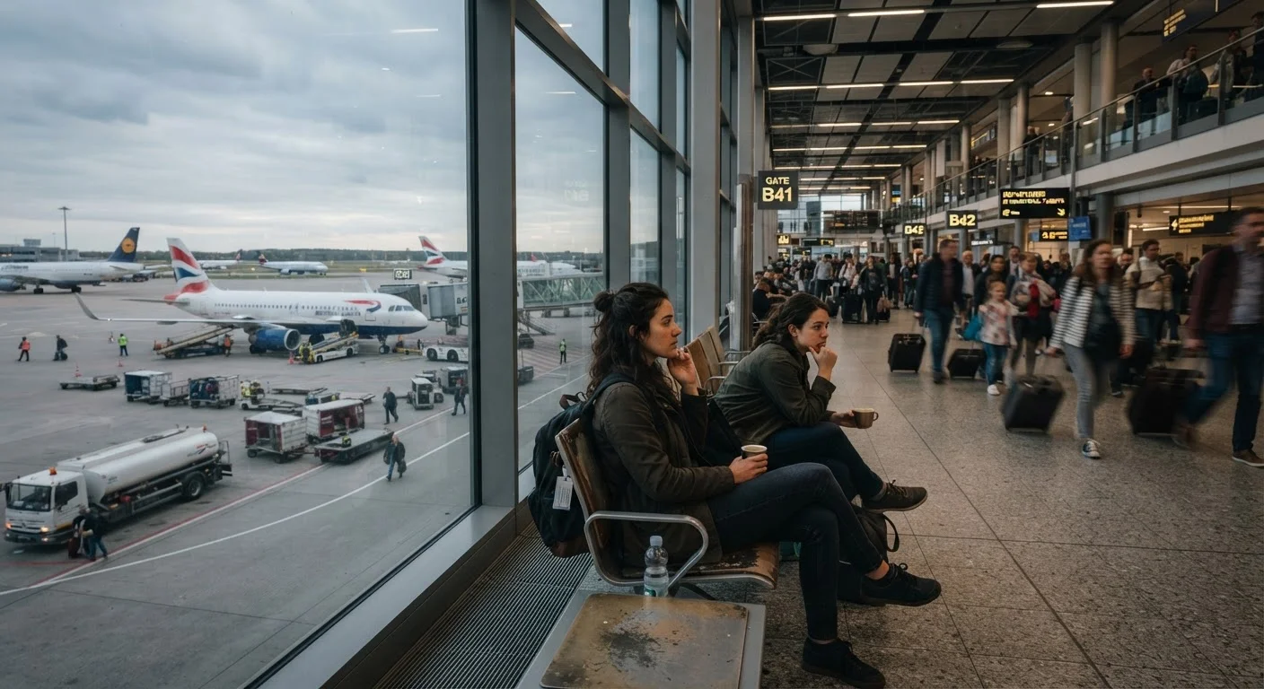 A tired traveller sitting alone in a busy airport terminal, looking out at the runway