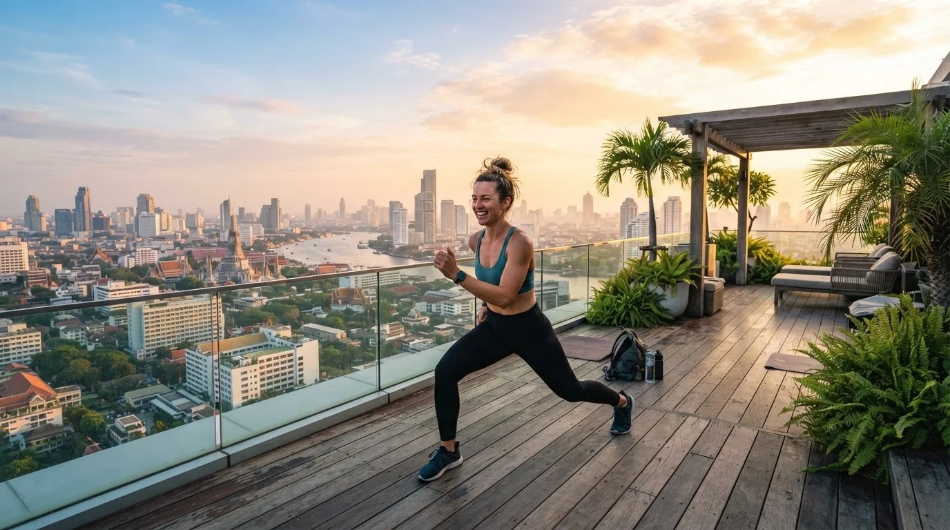 Traveler performing bodyweight lunges on a rooftop terrace with a city skyline in the background