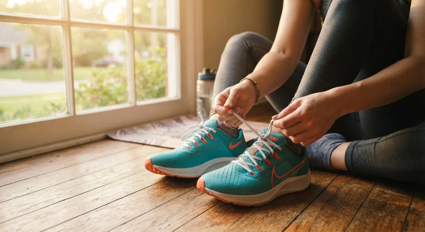Person tying running shoes near a sunny window, preparing for a morning workout.