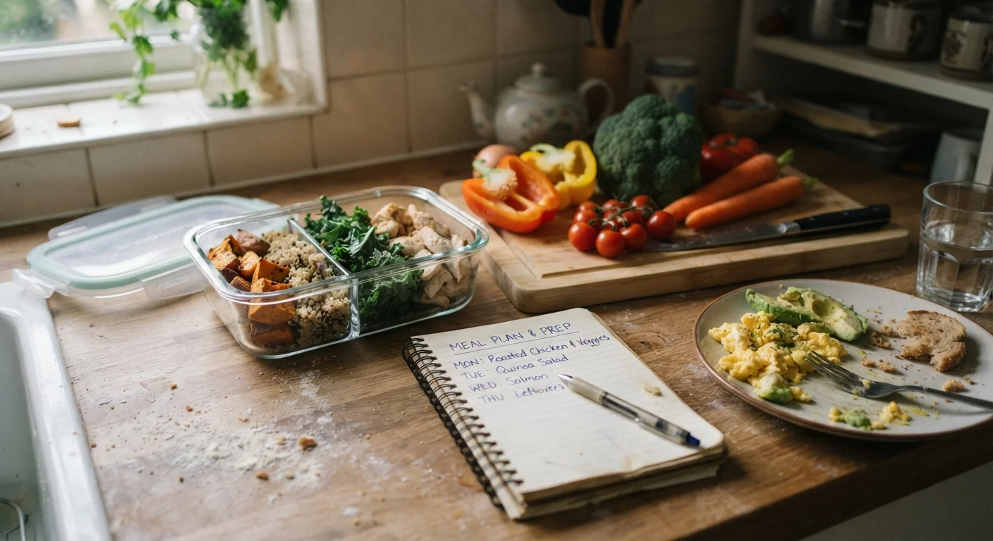 Meal prep containers and a meal plan notepad on a kitchen counter beside an abandoned plate.