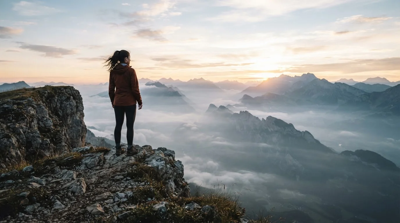 Person standing on rocky cliff at dawn overlooking a misty valley, symbolizing resilience