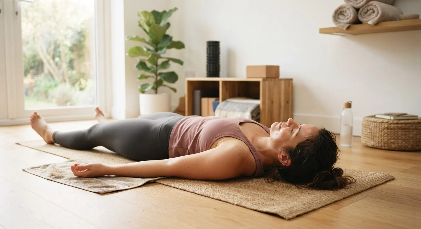 Person lying on a yoga mat resting after a workout in a bright, minimal home gym