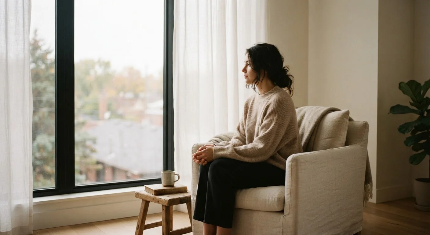 Person sitting quietly by a sunlit window in a calm, minimalist room