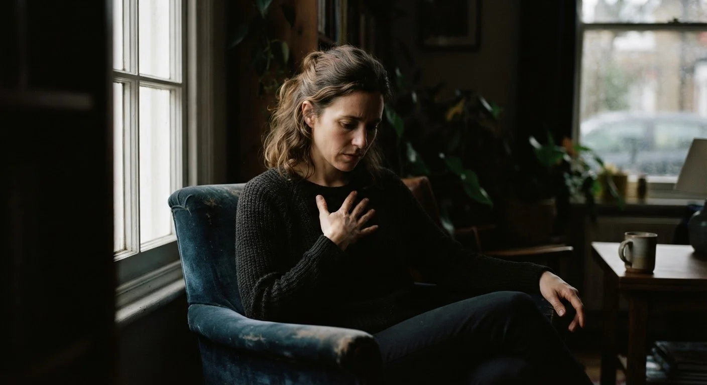 A person sitting alone, looking thoughtfully at a physical symptom on their hand