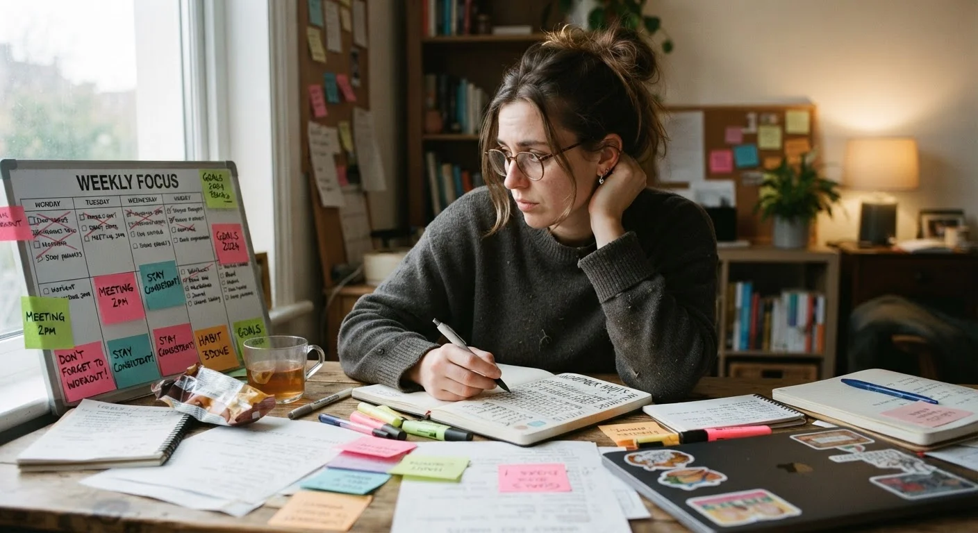 Person at a desk looking determined yet tired, surrounded by habit-tracking notes and reminders