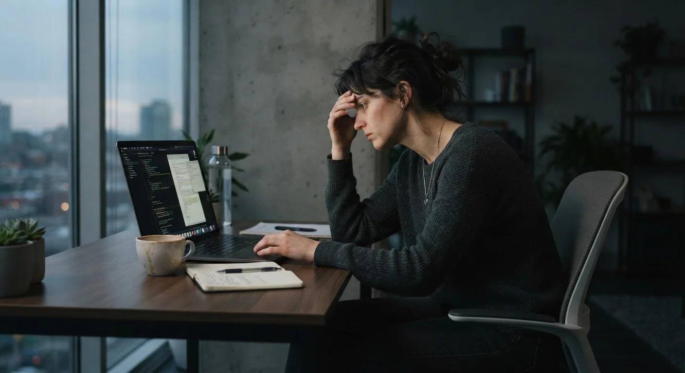Person sitting at an office desk for extended hours with slightly slumped posture