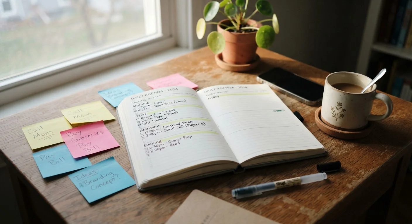 An open daily planner on a desk surrounded by sticky notes and a coffee cup