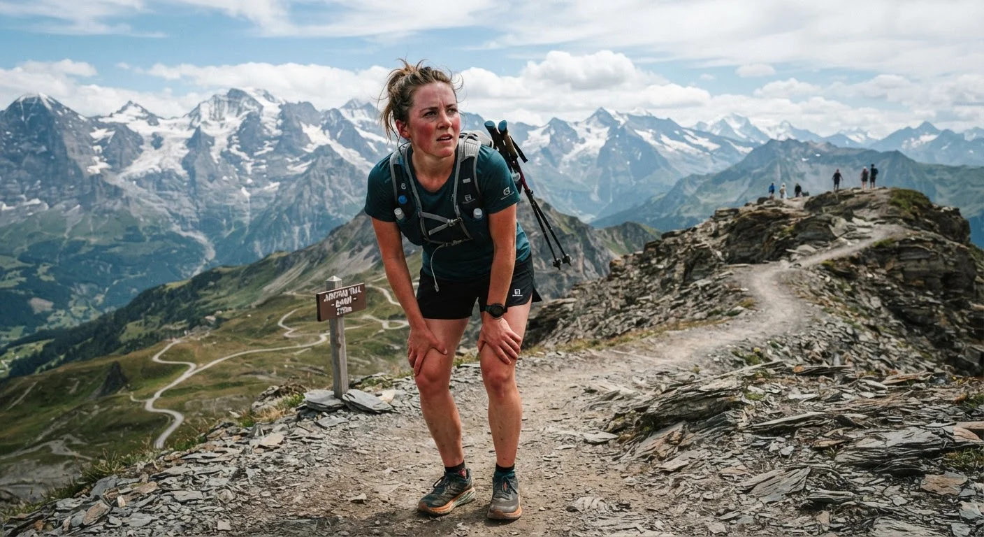 Athlete resting on a mountain trail at high altitude, looking winded during a workout