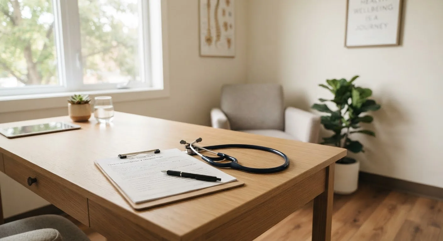 A stethoscope and medical clipboard on a clean desk in a modern doctor's office