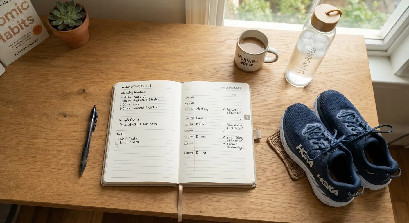 Daily planner and running shoes on a desk representing a movement audit for an active day