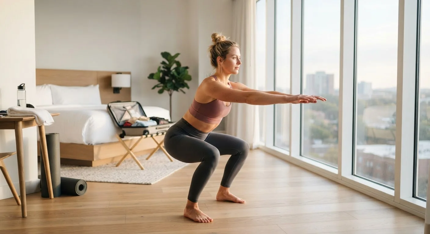 Person in athletic wear performing a squat exercise in a well-lit hotel room while traveling